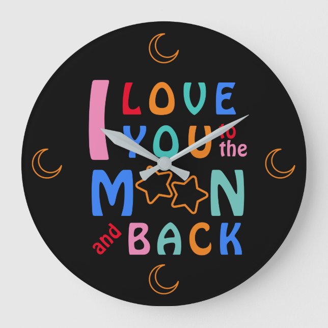 Relógio Grande Divertido Eu te amo na Lua e no Fundo Negro (Frente)