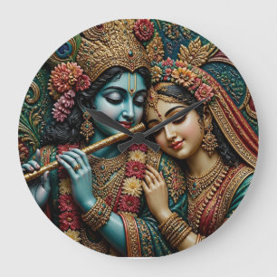 Relógio Grande Divino Krishna e Radha Arte Tradicional