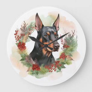 Relógio Grande Doberman Christmas Wreath Festivo Pup