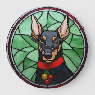 Relógio Grande Doberman Pinscher Vidro de Catedral Natal
