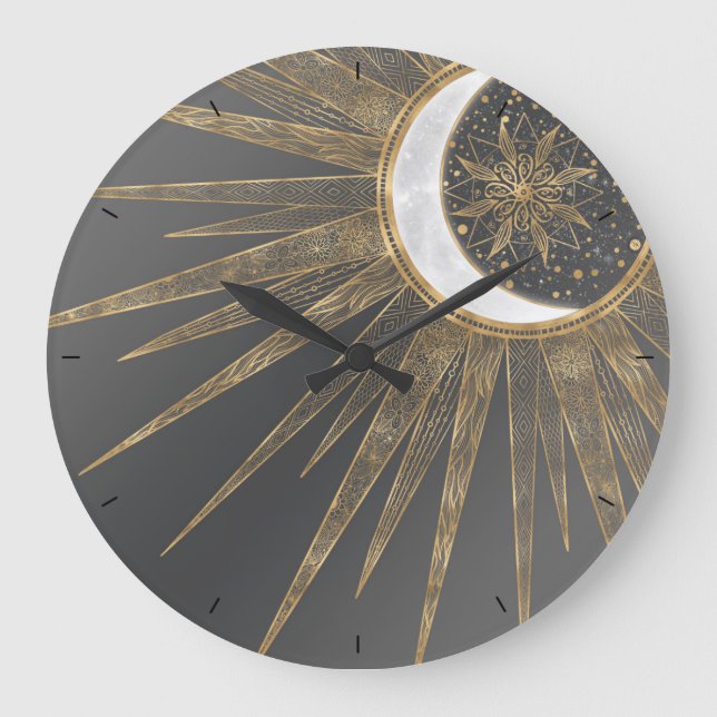 Relógio Grande Dodles Dourados Elegantes Sun Moon Mandala Design (Frente)