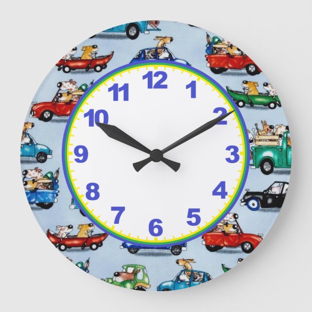 Relógio Grande Dogs In Cars Boys Clock with Numbers (Frente)