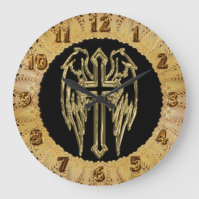 Relógio Grande Dourada cruz católica com asas (Frente)
