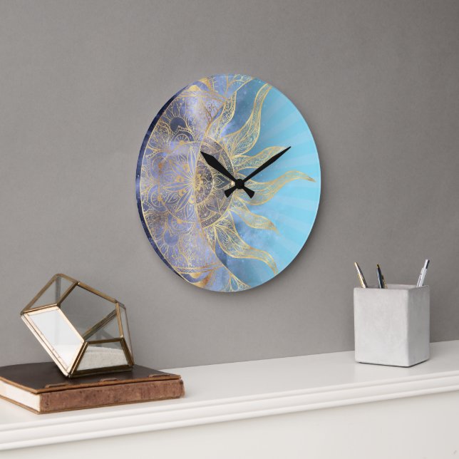 Relógio Grande Dourada Lua Sun Mandala Celestial Design (Escritório)