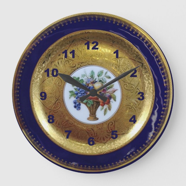 Relógio Grande Dourado, Azul Cobalto e Placa Antiquada Floral (Frente)