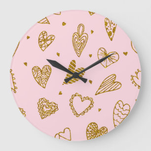 Relógio Grande Dourado brilho dos corações: padrão de fundo rosa