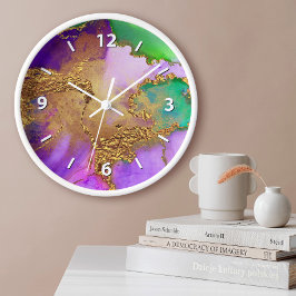 Relógio Grande Dourado roxo verde aqua chique glamour ágata aquar