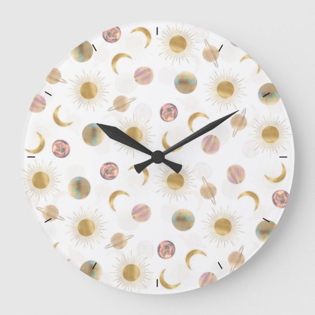Relógio Grande Dourado Sun Moon Planets Space Ilustração Branca (Frente)