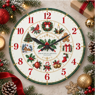 Relógio Grande Doze Dias de Natal Vintage Vermelho Verde Feriado