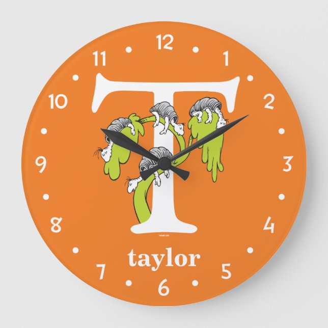 Relógio Grande Dr. Seuss ABC: Carta T - Branco | Adicione seu nom (Frente)