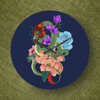 Dragão Chinês Verde Místico Floral Azul Marinho