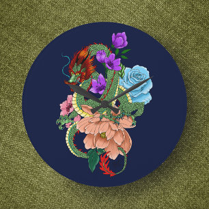Relógio Grande Dragão Chinês Verde Místico Floral Azul Marinho