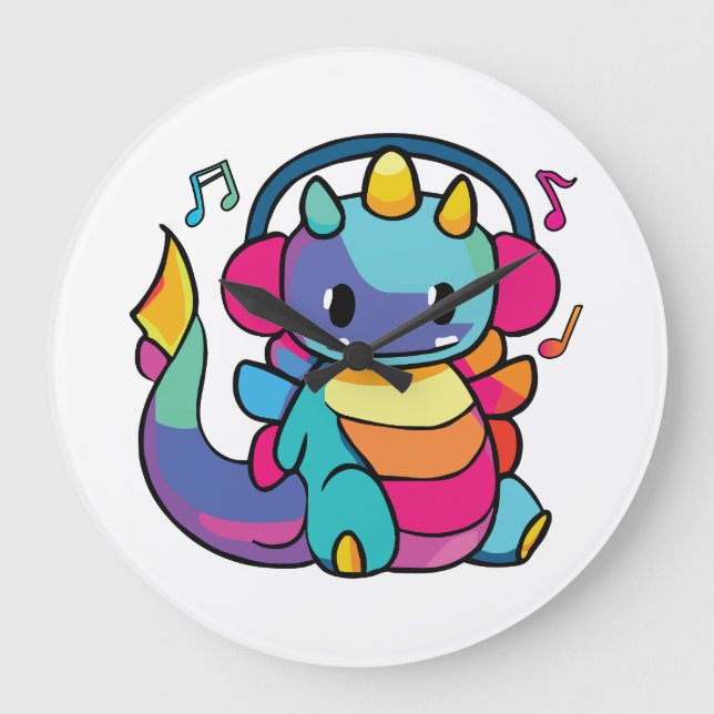 Relógio Grande Dragão feliz com fones de ouvido ouvindo música. (Frente)