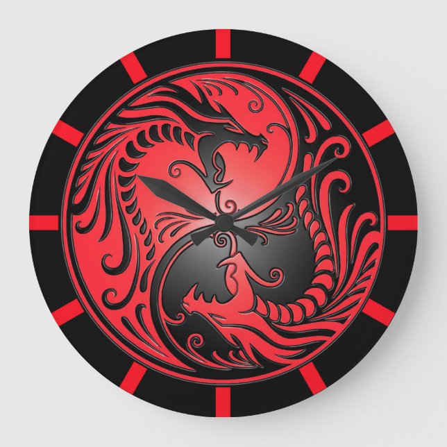 Relógio Grande Dragões, vermelho e preto de Yin Yang (Frente)