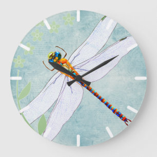 Relógio Grande Dragonfly Vintage sobre fundo floral desbotado