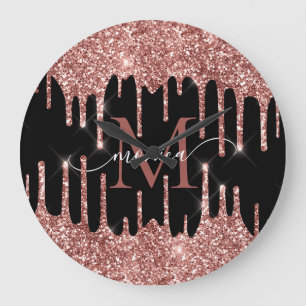 Relógio Grande Drips de Brilho em Rose Gold com Monograma Preto P