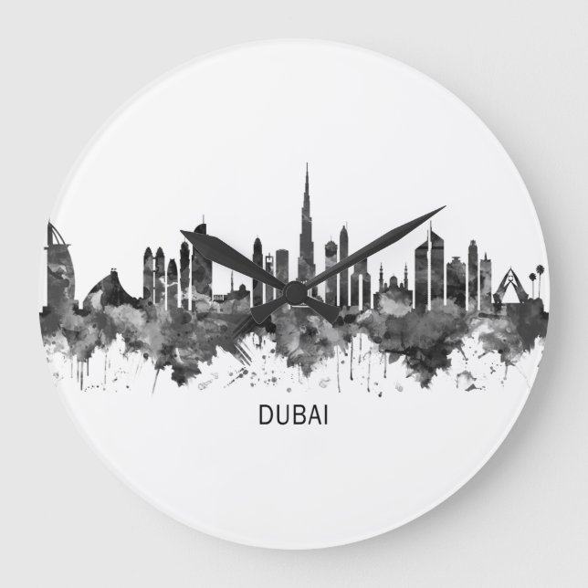 Relógio Grande Dubai UAE Skyline BW (Frente)