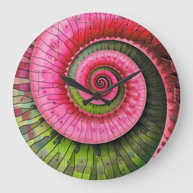 Relógio Grande Dubman Designs: Fibonacci Rosa e Verde Brilhante  (Frente)