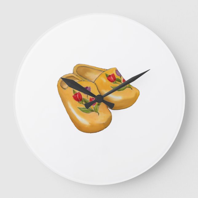 Relógio Grande Dutch Wooden Shoes with Tulips, Klompen, Holland (Frente)