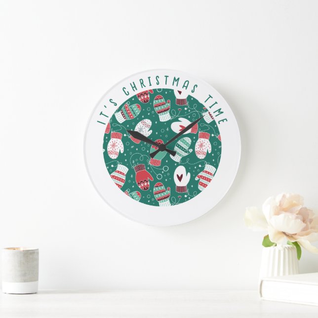 Relógio Grande É o padrão do tempo de Natal Cozy Mittens em verde (Lar)