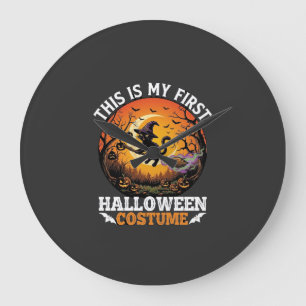 Relógio Grande É Primeiro Fantasia de Halloween Gato Preto Vassou