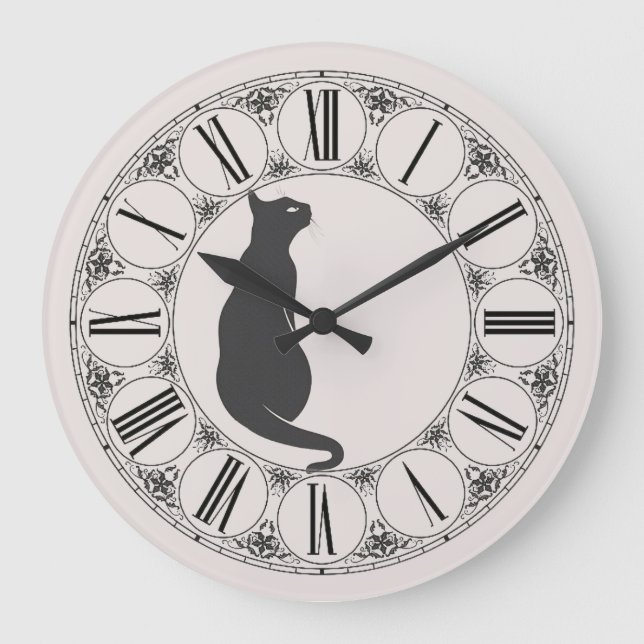 Relógio Grande Ecrus com Gato Negro e Rosto Numérico Romano (Frente)