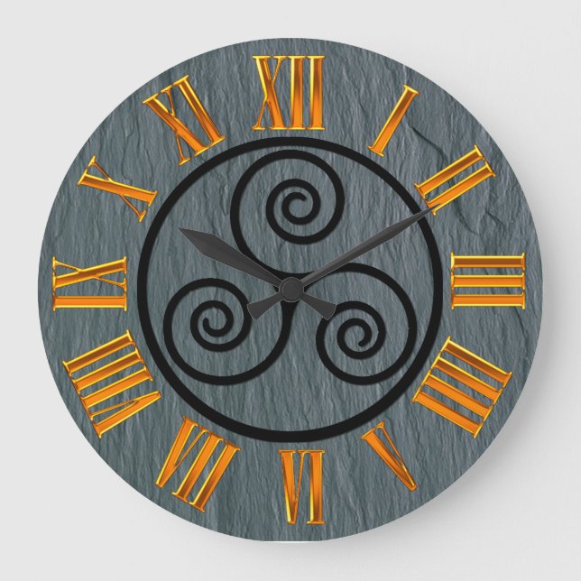 Relógio Grande Efeito de Lata Galesa, Celta, Faux Dourado, Figos  (Frente)