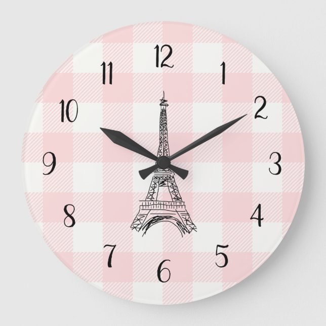 Relógio Grande Eiffel Tower French Country Pink Gingham Pattern (Frente)