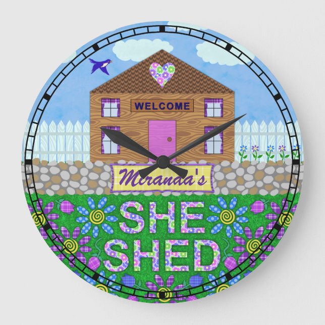 Relógio Grande Ela Shed Woman Cave Custom Name Hut Garden (Frente)