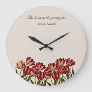 Relógio Grande "Ela Vive na Poesia" Tulipas Rosa Floral Parede 