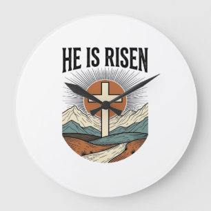Relógio Grande Ele Ressuscitou Cruz Nascer do Sol Camiseta Cristã