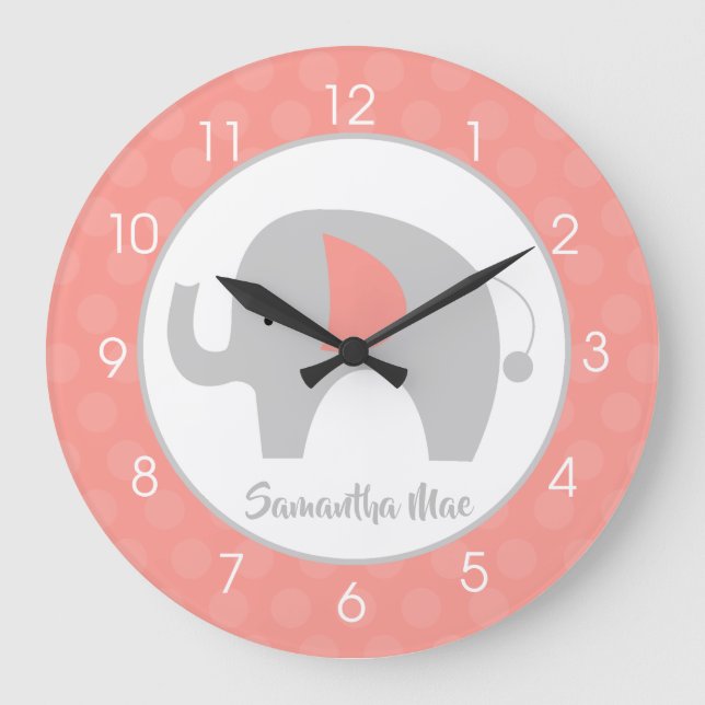 Relógio Grande Elefant Coral e Cinzas Nursery Girls (Frente)