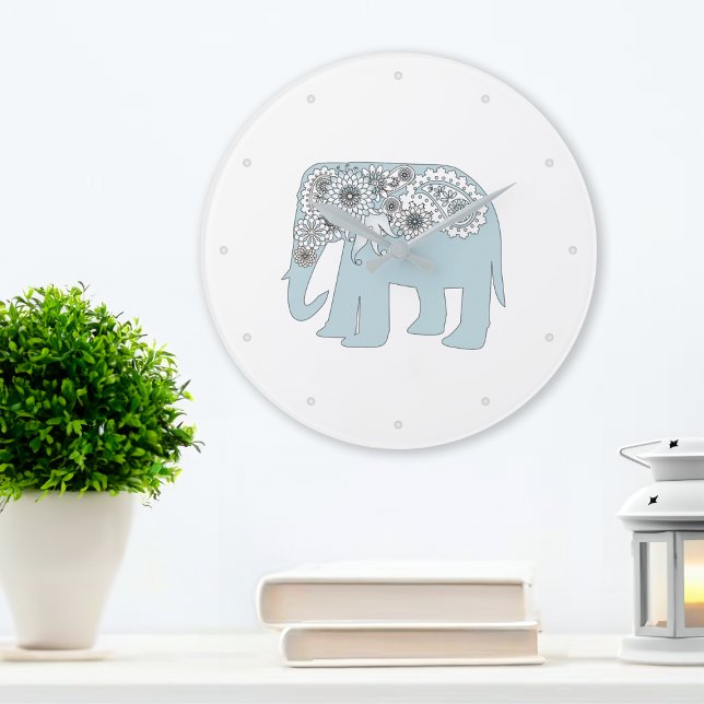 Relógio Grande Elefante Azul Paisley Boho Chic (Criador carregado)