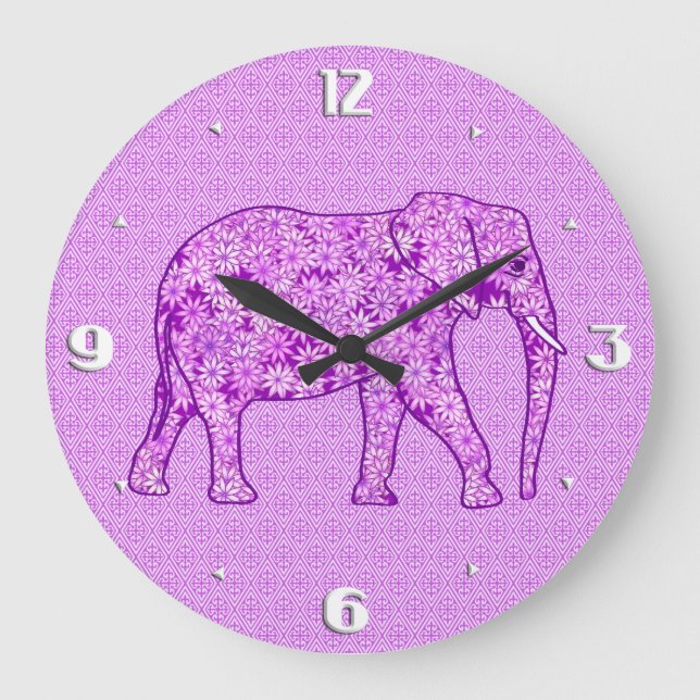 Relógio Grande Elefante da flor - roxo ametista (Frente)
