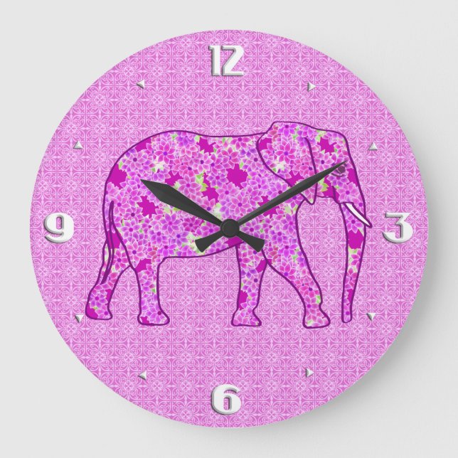 Relógio Grande Elefante de flor - orquídea e magenta (Frente)
