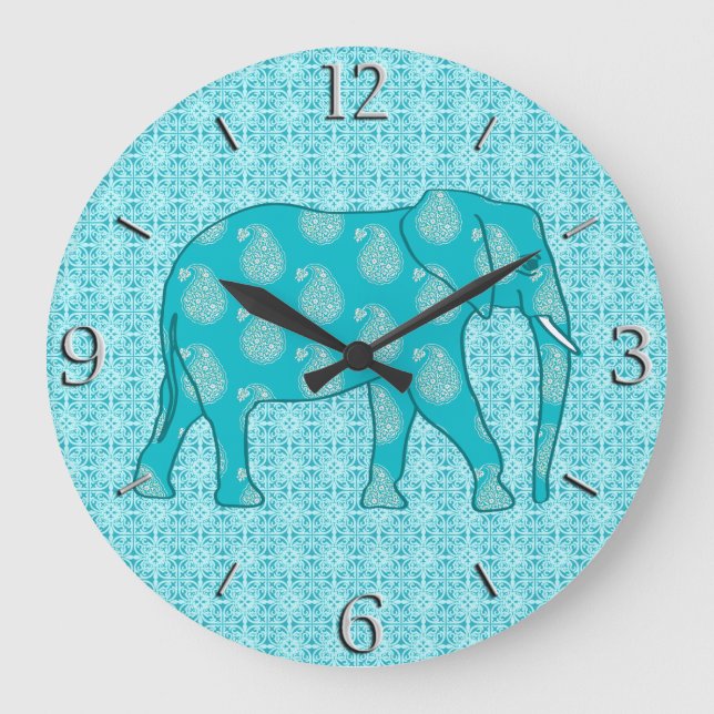 Relógio Grande Elefante de Paisley - turquesa e aqua (Frente)