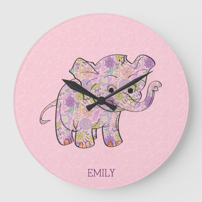 Relógio Grande Elefante Floral Para Bebê No Damasco Rosa (Frente)