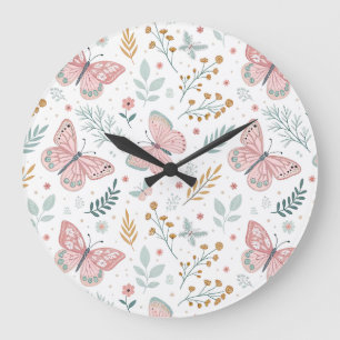 Relógio Grande Elegância Botânica Jardim Borboleta Floral Pastel