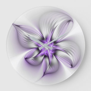 Relógio Grande Elegância Floral Arte Fractal Violeta Abstrata Mod