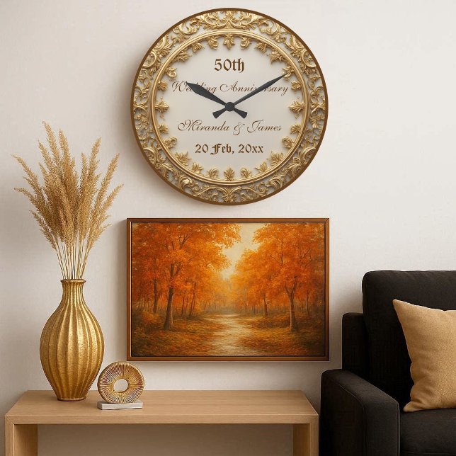 Relógio Grande Elegant Gold Baroque Motif 50 Wedding Anniversary  (Elegant Gold Baroque Motif 50 Wedding Anniversary Large Clock)