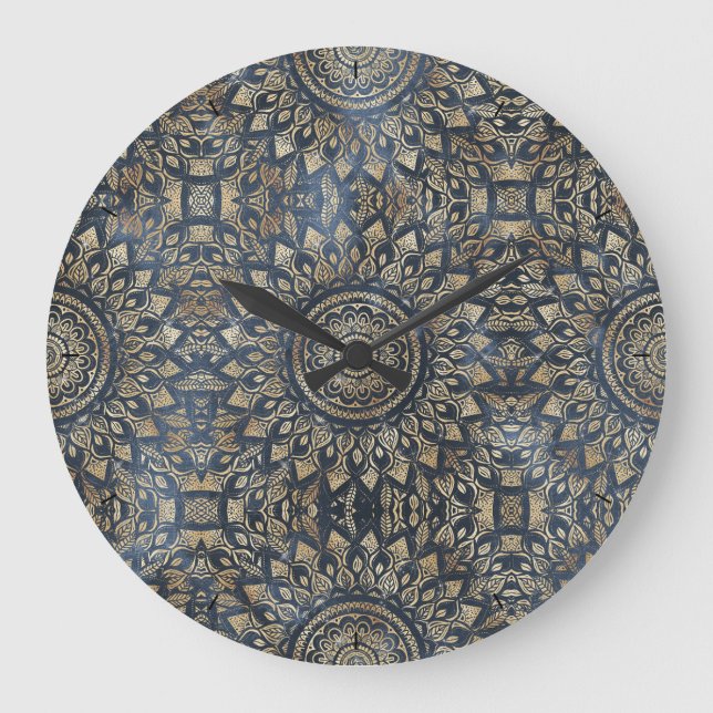 Relógio Grande Elegant Gold Blue Mandala Floral (Frente)
