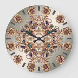 Relógio Grande Elegant Gold Jewel Flowers Wall Clock