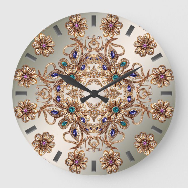 Relógio Grande Elegant Gold Jewel Flowers Wall Clock (Frente)