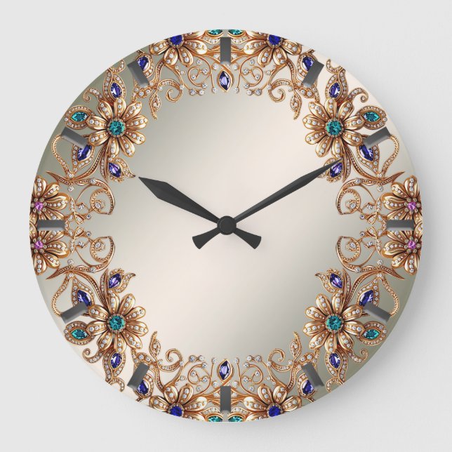 Relógio Grande Elegant Gold Jewel Flowers Wall Clock (Frente)