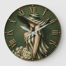 Elegant Green Striped Lady  with Wide Brim Hat 