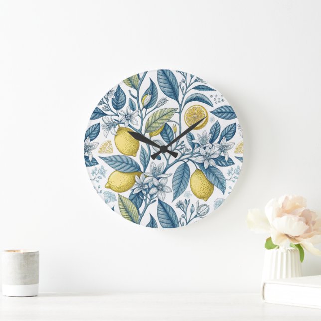 Relógio Grande Elegant Mediterranean Lemon Botanical Navy (Lar)