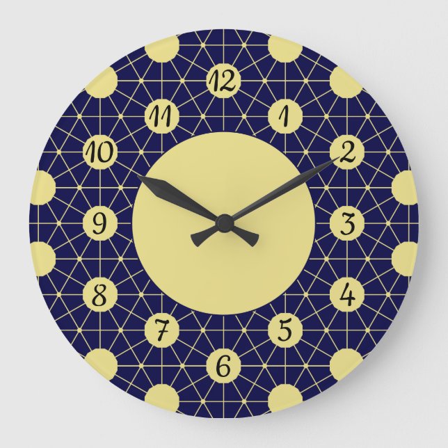 Relógio Grande Elegant Navy and Gold Geometric Tile Pattern (Frente)