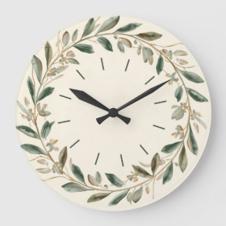 Relógio Grande Elegant Olive Leaf Botanical Wall Clock in Green