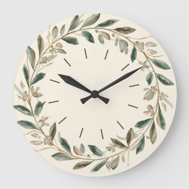 Relógio Grande Elegant Olive Leaf Botanical Wall Clock in Green (Frente)