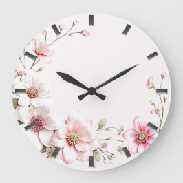Relógio Grande Elegant Pink White Floral Wall Clock